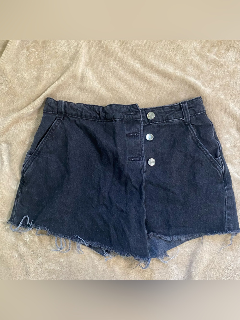 Zara Black Denim Button-Front Frayed Hem Shorts/Skort